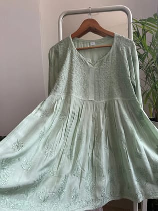 Chikankari Muslin Peplum short Top in Green-Green / cotton / S