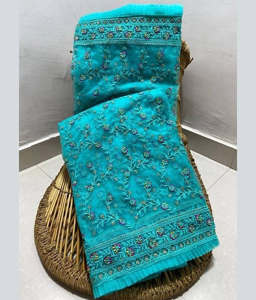 A TO Z CART Net Embellished Saree With Unstitched Blouse Piece ( SkyBlue )