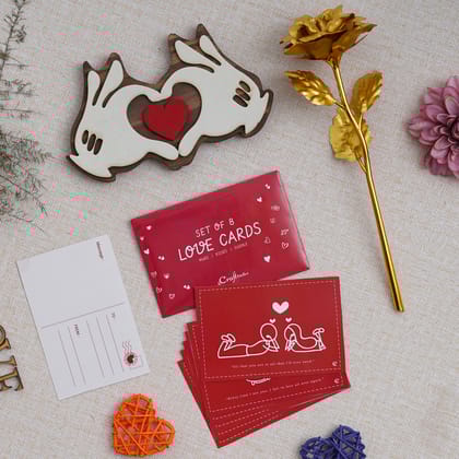Valentine Combo of Pack of 8 Love Gift Cards, Golden Rose Gift Set, Hands Showcasing Red Heart Gift Set