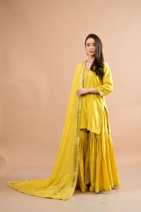 MUSTARD YELLOW CHANDERI SHARARA SET OF 3-XL