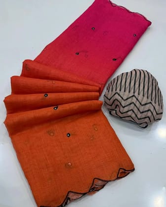 Launching new Soft Linen cotton Digital printed saree with aari work  & foil mirror work with aariwork cut work border