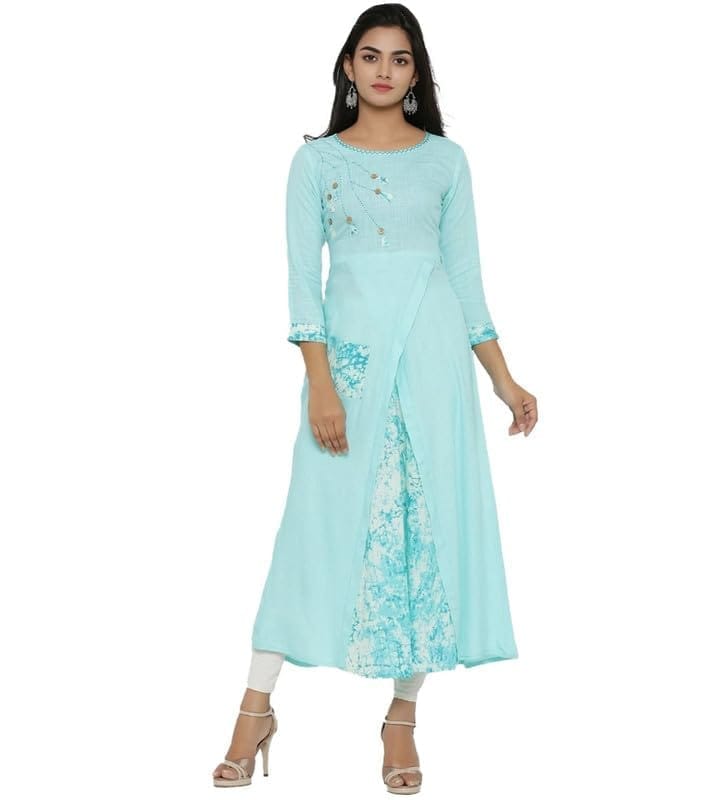 Women's Casual 3/4 th Sleeve Embroidery Rayon Kurti (Sky Blue, S)-PID48551