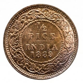 Half Pice 1889 Victoria Queen, British India old Copper Coin Silver Edition