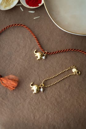 Cute Elephant With Pearl Gold Plated Sterling Silver Rakhi With Lumba Combo-Gold