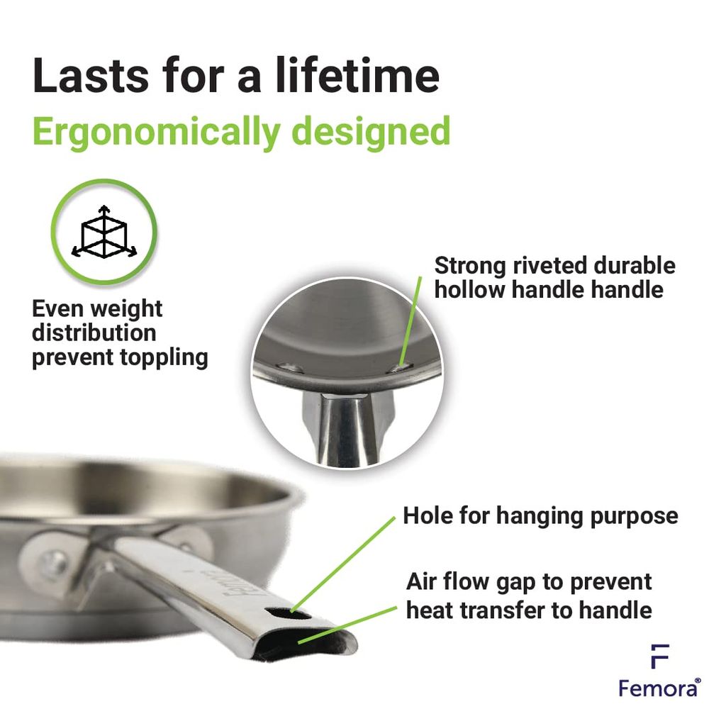 Femora Stainless Steel Flat Fry Pan, Bonded Tri-Ply Bottom, 23 cm,Silver, Zero Coating, Health Safe