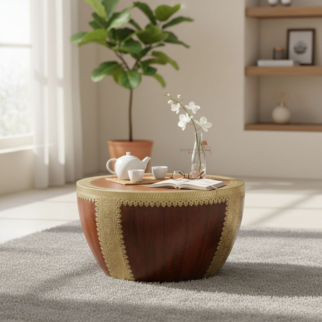 Round Wooden Coffee Table with Ornate Brass Accents