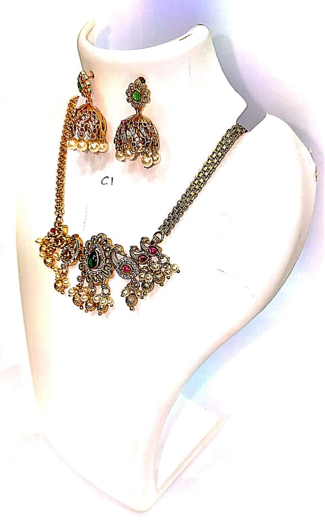 Bridal Gold Plated Kundan Meenakari Pearl Necklace Set with Earrings for Women