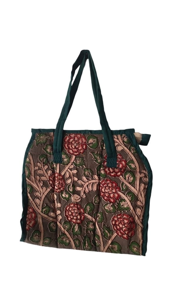 AP MEPMA KALANKARI BAGS Handcrafted Kalamkari Cotton Tote Bag with Floral Print and Green Trim