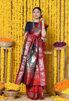 Rajsi~ Handloom Pure Silk Paithani Saree WIth Handcrafted Nath Pallu in Maroon (By Govt Certified Weavers)