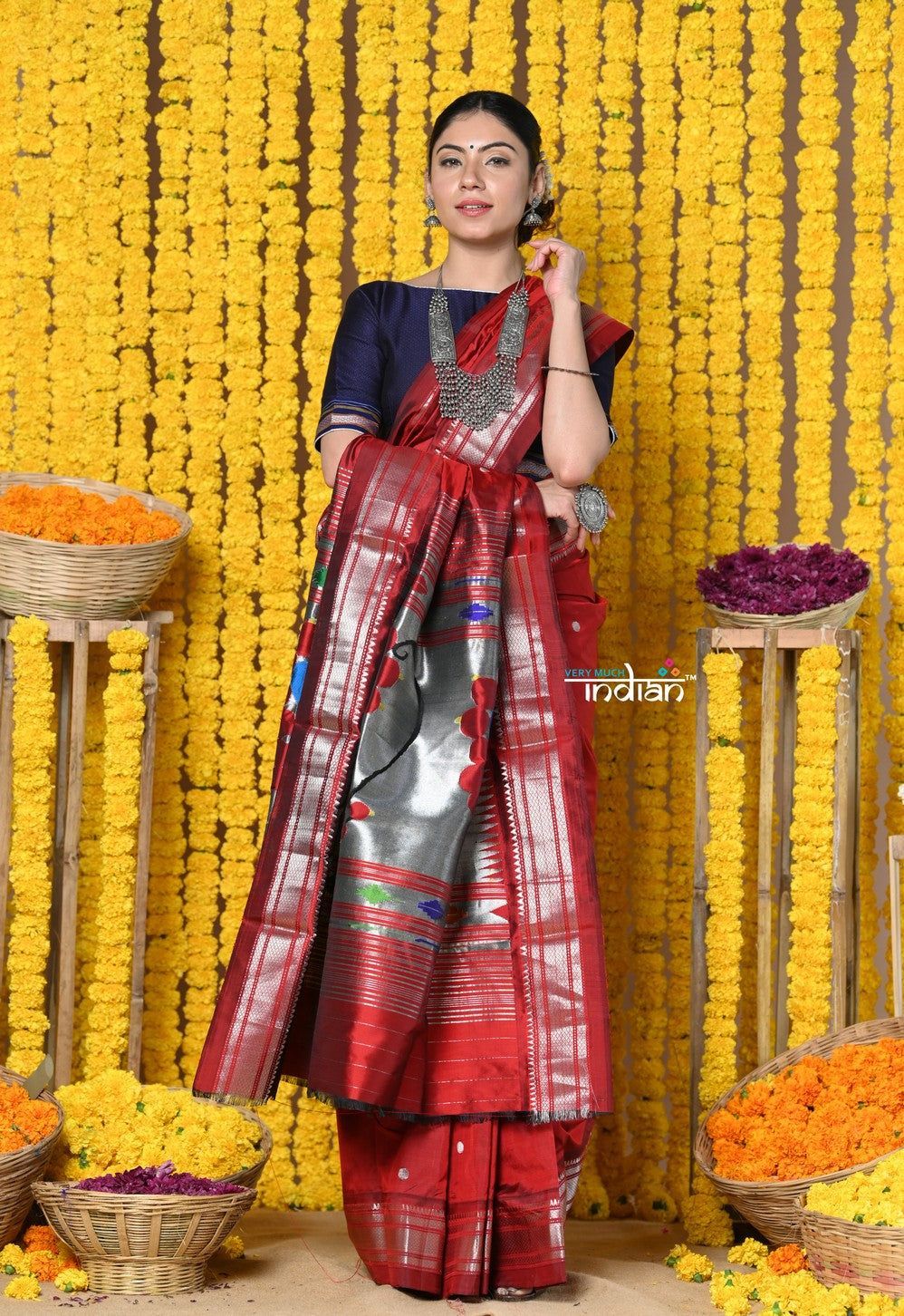 Rajsi~ Handloom Pure Silk Paithani Saree WIth Handcrafted Nath Pallu in Maroon (By Govt Certified Weavers)
