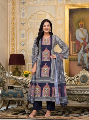 Farhaat Cotton Ajrakh Suit Set-Navy Blue-XL