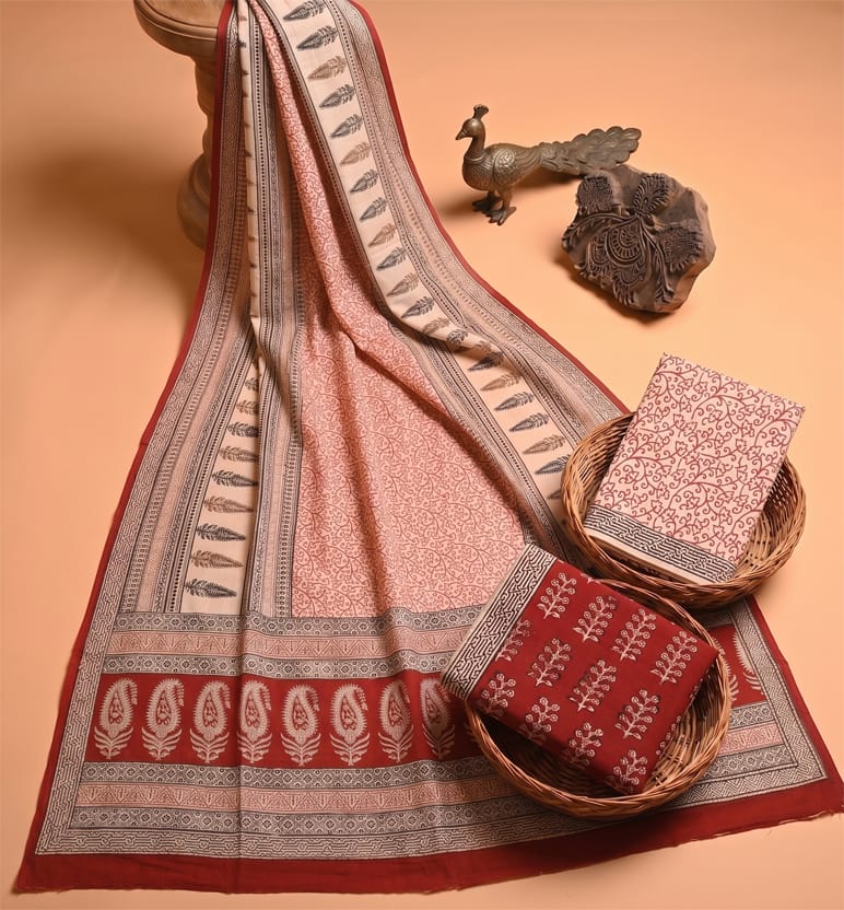 Handcrafted Bagh Print Cotton 3 Piece Suit Set