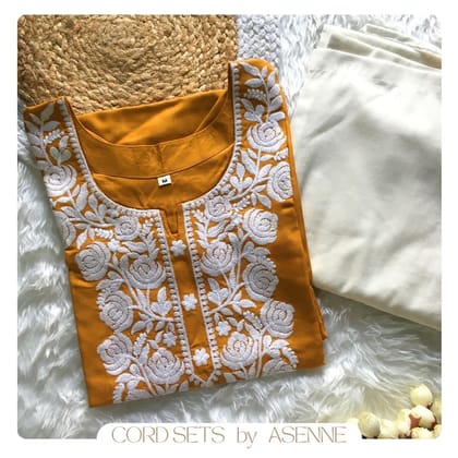 Dessert Yellow - Rose Embroidery Design Kurti with Pant  - Cord Set-38 - M