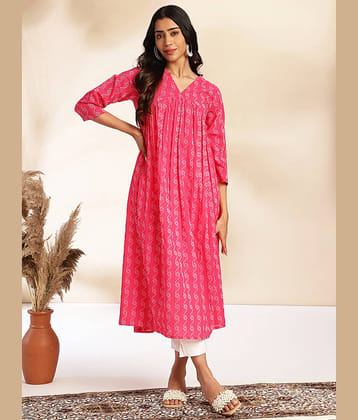 Janasya Cotton Printed A-line Women's Kurti - Pink ( Pack of 1 )