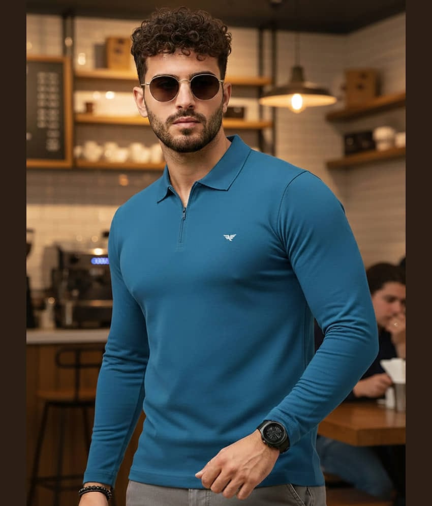 XYRIS Men Cotton Blend Regular Fit Solid Polo T Shirt ( Teal Blue )