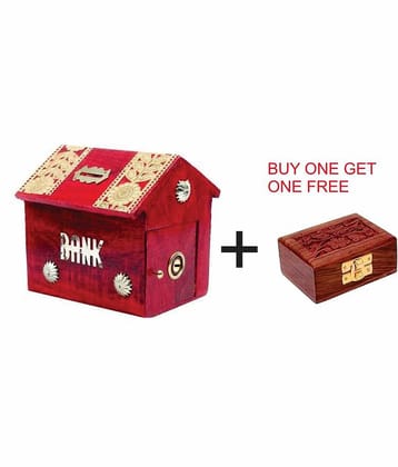 SWH Wood Red Piggy Bank ( Pack of 2 )