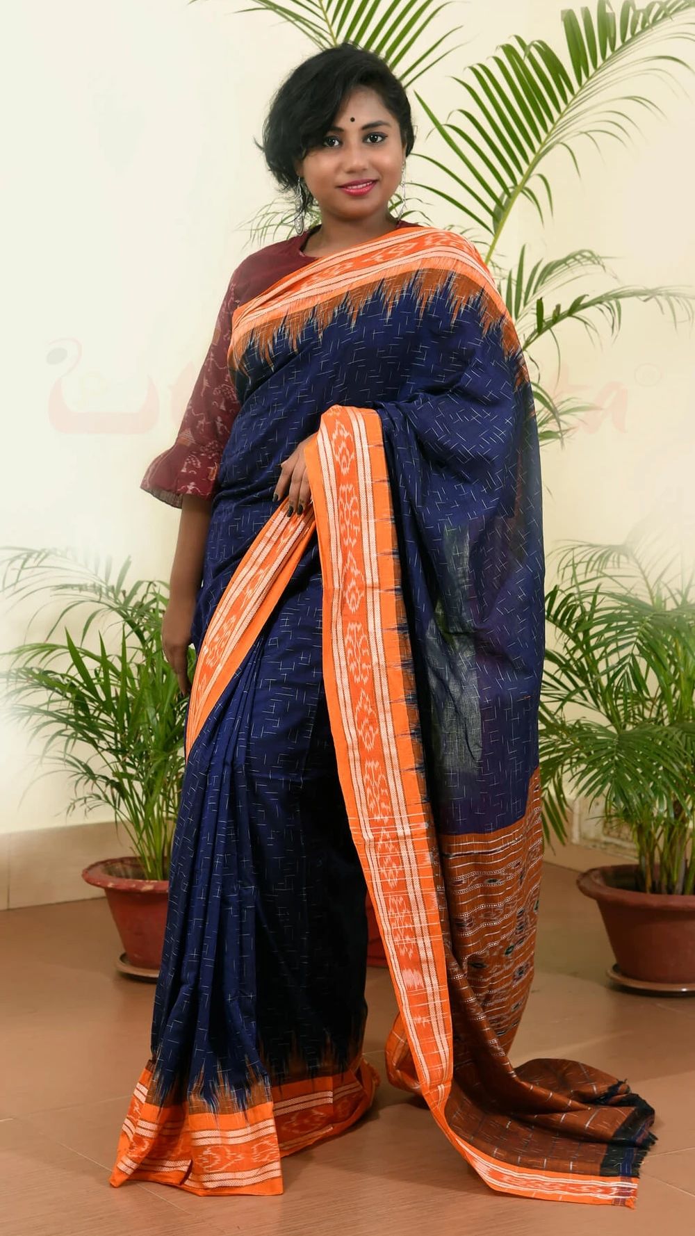 Navy Blue Orange Jharana Khandua Cotton Saree