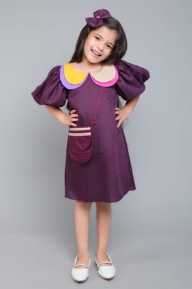 Puff Sleeves Colorblock Collar Cotton Dress with Matching Sling and Bow Clip - Burgundy-1-2Y / Burgundy