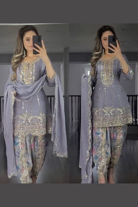 Pure georgette fancy sequence work dhoti suit with dupatta.-XS [34] / Grey