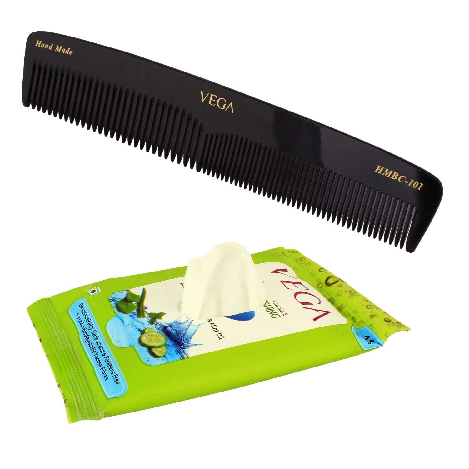 Vega Hand Made Black Comb/Aloevera Wet Wipes, 2 Pieces