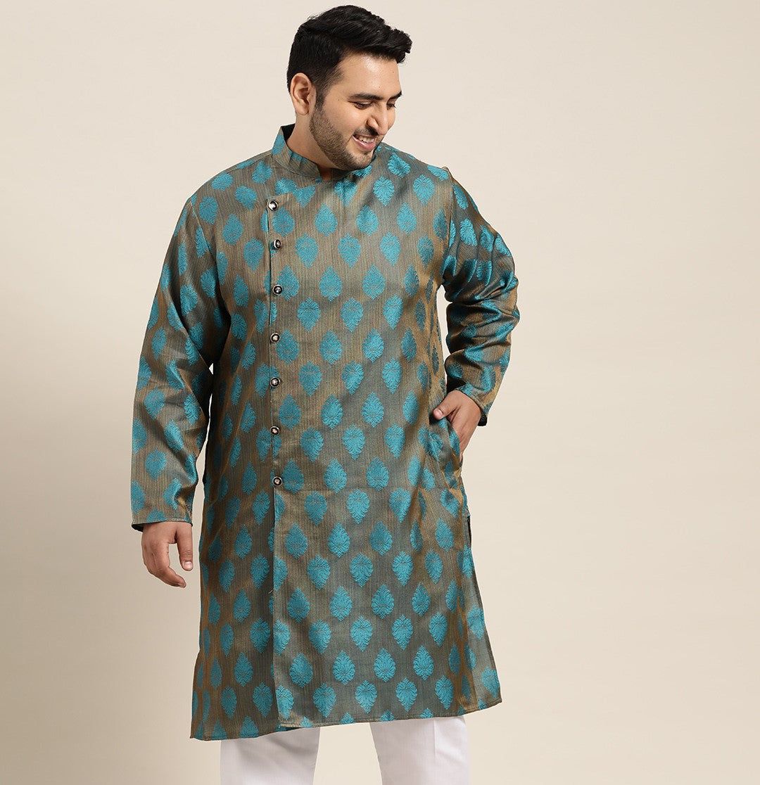 Men's Jacquard Silk Teal Blue Self Design Only Long Kurta-46