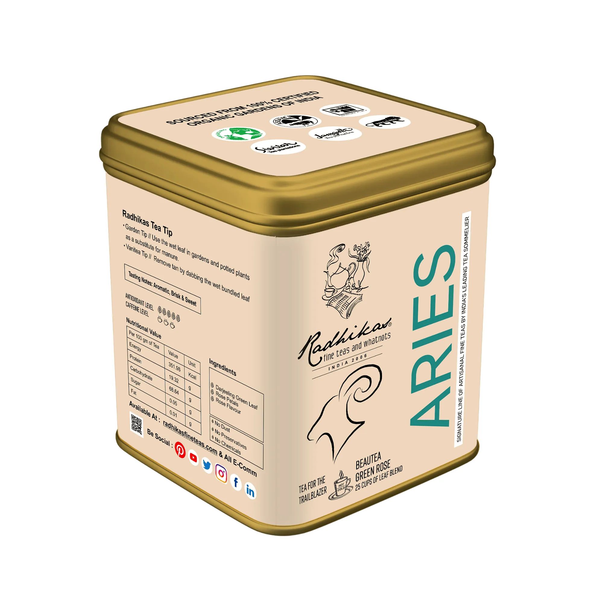 Aries Green Rose - A Bold Zodiac Blend for the Trailblazer (50 gm - Makes 40 Cups of Tea) by M/S RADHIKAS FINE TEAS AND WHATNOTS