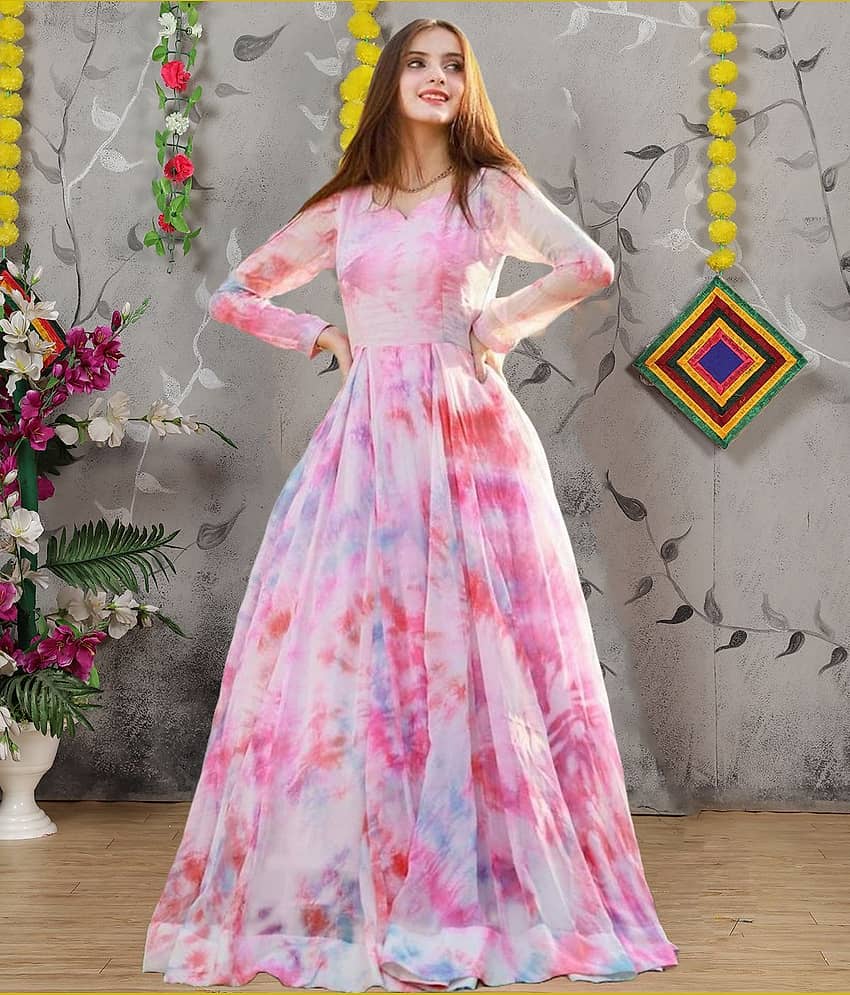 kedar fab Women Georgette Dyed Fit & Flare Dress ( White )