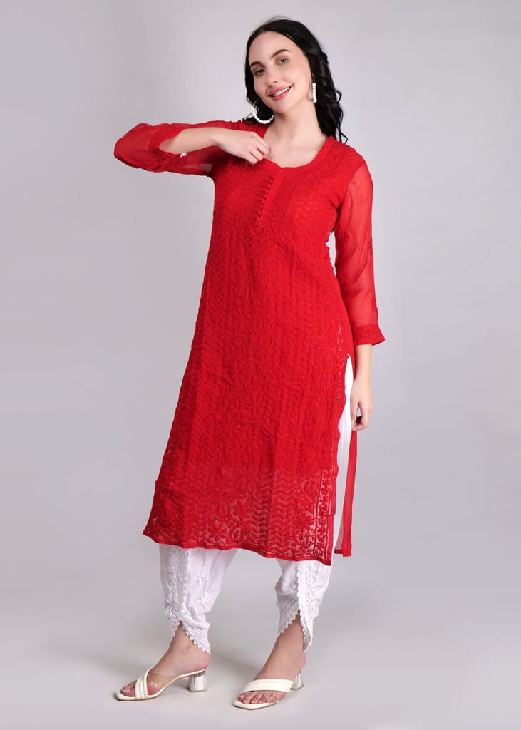 Geogette Hand Embroidered Calf length Chikankari Red Kurta