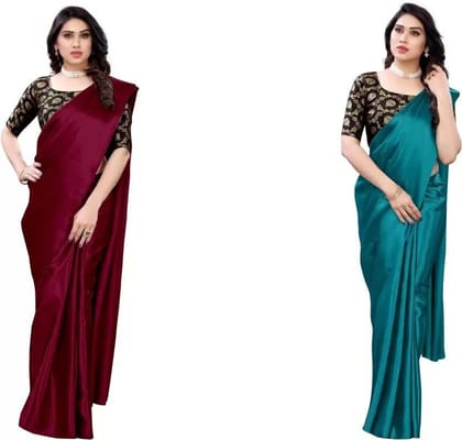 ANSH Womens Satin Solid Saree length (5.5m) & Blouse Piece Size (0.8m) (Multicolor)