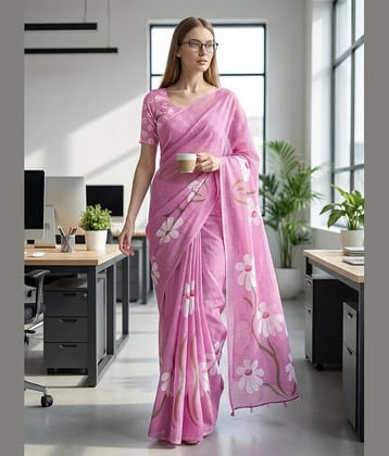 ANAND SAREES Cotton Printed Kasavu Saree With Unstitched Blouse Piece ( PINK )