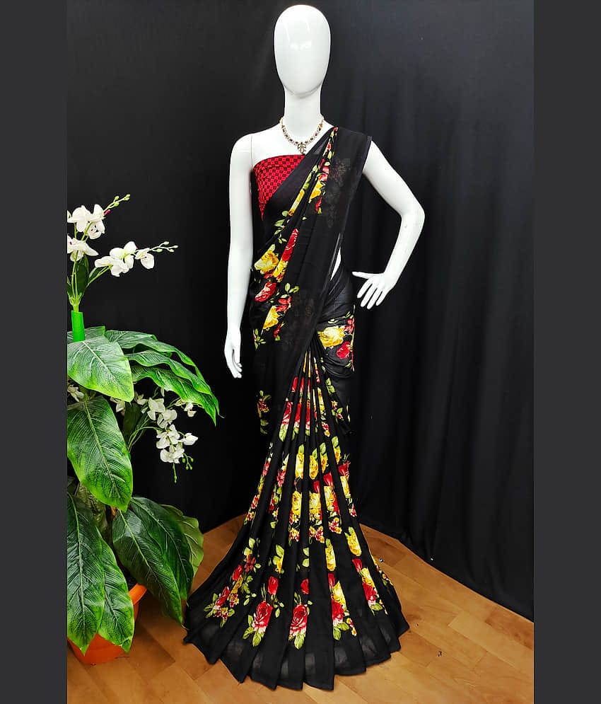 Kashvi Sarees Georgette Printed Saree With Unstitched Blouse Piece ( Black )