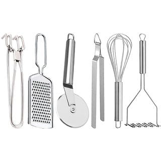 Oc9 Wire Grater and Utility Pakkad and Pizza Cutter and Egg Whisk and Roti Chimta and Potato Masher for Kitchen