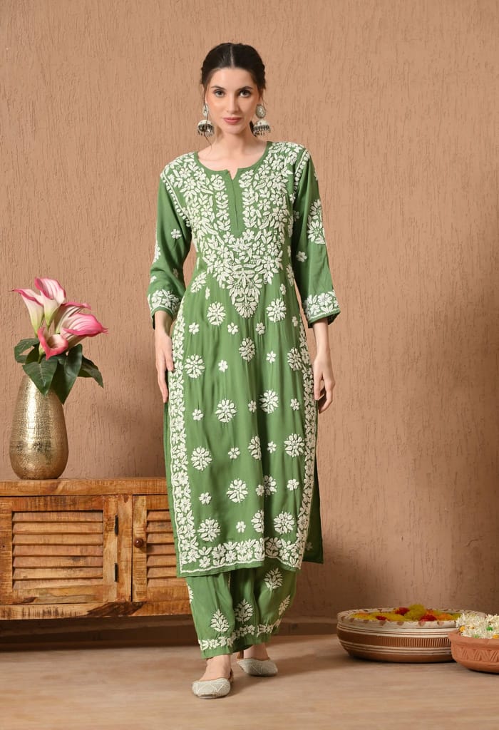 Premium Rayon Chikankari Plazo Set with Hand Embroidery & 3D Work - Green