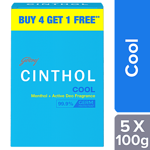 Cinthol Cool Menthol + Active Deo Fragrance Soap, 99.9% Germ Protection, 100 g (Buy 4 Get 1 Free)