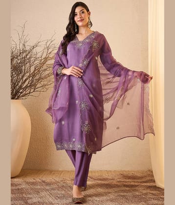 Royal Export Women Silk Blend Embroidered Straight Kurti With Pants ( Lavender )