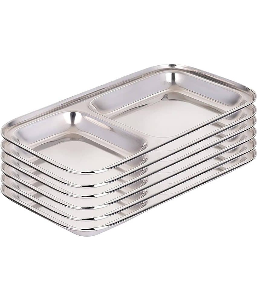 Dynore Stainless Steel 2 in 1 Partition Plate for Kitchen Serving, 22cm Length per unit, (Pack of 6)