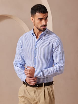 Aldeno Men Regular Fit Stripe Sky blue and white Linen Shirt (MAZE)-S