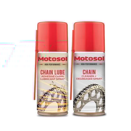 Motosol Chain Lube & Chain Degreaser Combo | Chain Care Kit | Bike Chain Lubricant | Cleaner Degreaser Spray | Chain Care Products | Bike Scooter Motorcycle Chain Cleaning Accessories | 100ml each