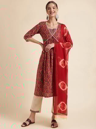 Dark Red Printed Cotton Blend V-Neck Kurta Set-S