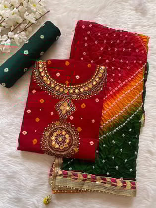 Cotton Mirror Thread work Jaipuri Dupatta Bandhani Material-Red
