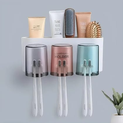 ELEGAR Wall Mounted Tooth Brush Holder for Bathroom with 2 Mouthwash Cups Bathroom Toothbrush Organizer | Multi-Compartment, Dustproof & Bathroom Storage (Toothbrush Holder 3)