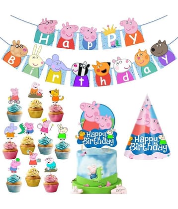 Zyozi Peppa Pig Birthday Party Supplies Include Happy Birthday Banner, Pepaa Pig Cake Topper, Cup Cake Topper, Birthday Cap, Pig Party Supplies for Kids (Pack of 13)
