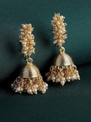 Gold-Plated  White Jadau Dome Shaped Jhumkas