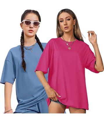 LONDON HILLS Women Cotton Blend Solid Oversized Fit Round Neck T-Shirt ( Blue )