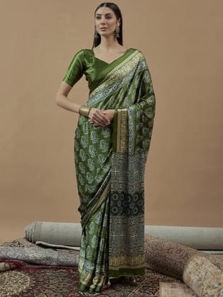 Green Ajrak Crepe Block Print Sarees