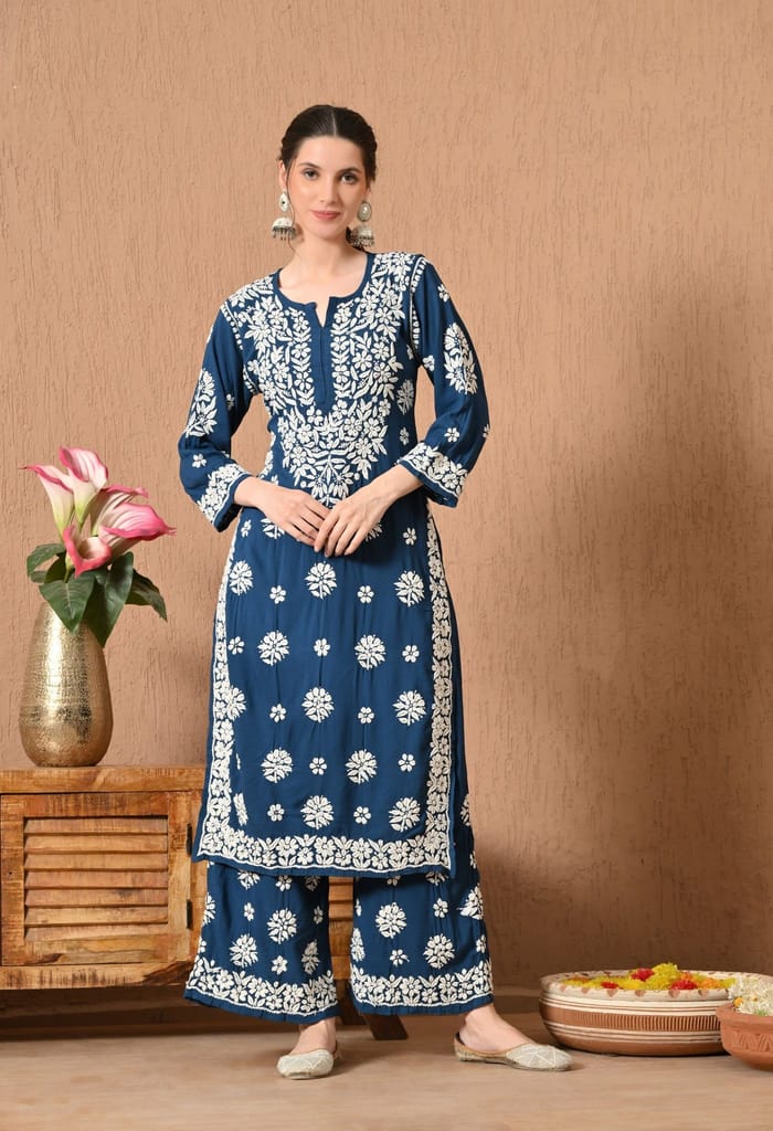 Hand Embroidered Chikankari Rayon Plazo Set - Teal