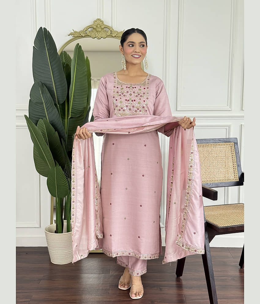 piludi Women Chanderi Printed Straight Kurti With Pants ( Pink )