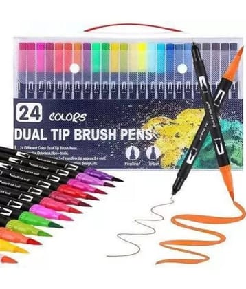 THR3E STROKES 24 Colors Dual Tip  Pen Art Markers, Fine Tip Marker & Calligraphy  Pens with 30% More Ink for Journaling, Sketching, Hand Lettering, Coloring Books Pen Gift Set (Multicolor) Nib Sketch Pen  (Multicolor)
