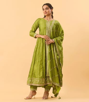 Lime Green Festive Embroidered Anarkali Set-L / Lime Green