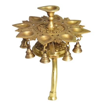 Brass Table Decor 9 Wicks Deepak, Oil Lamp  - Multiwick Brass Deepak for Aarti Use, Height : 6 Inch (BSMAS1503 I)